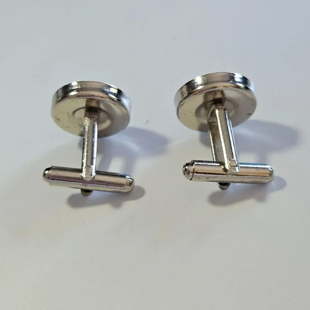 Men's Black and White Checkered Fabric Cufflinks Vintage Silver Tone